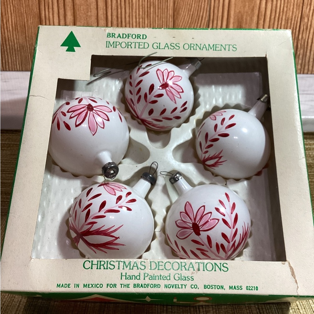 Vintage The Bradford Novelty Co. Hand-Painted Glass Christmas Ornaments set of 5